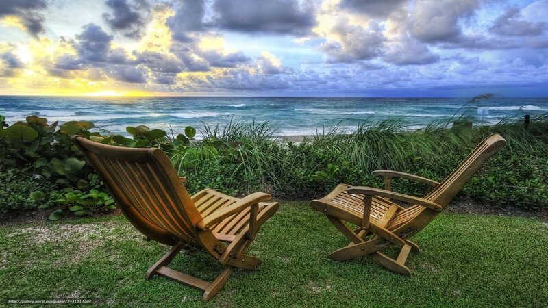 Two Wooden Chairs — Green, Serene, Sunset, Photograph, Ocean