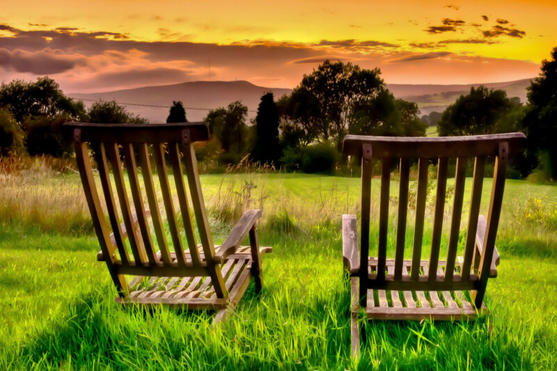 Two Wooden Chairs — Green, Serene, Sunset