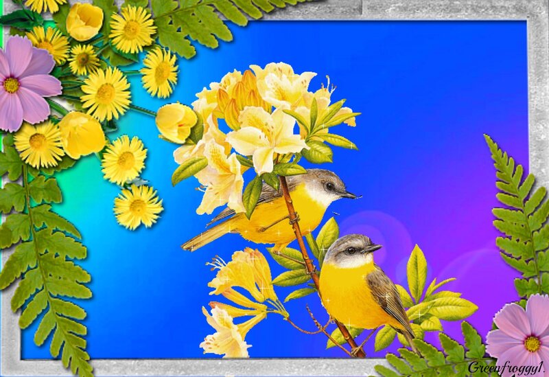 Two Yellow Birds on Branch — Cheerful