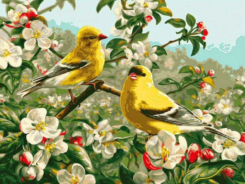 Two Yellow Birds on Branch — Serene, Spring, Painting