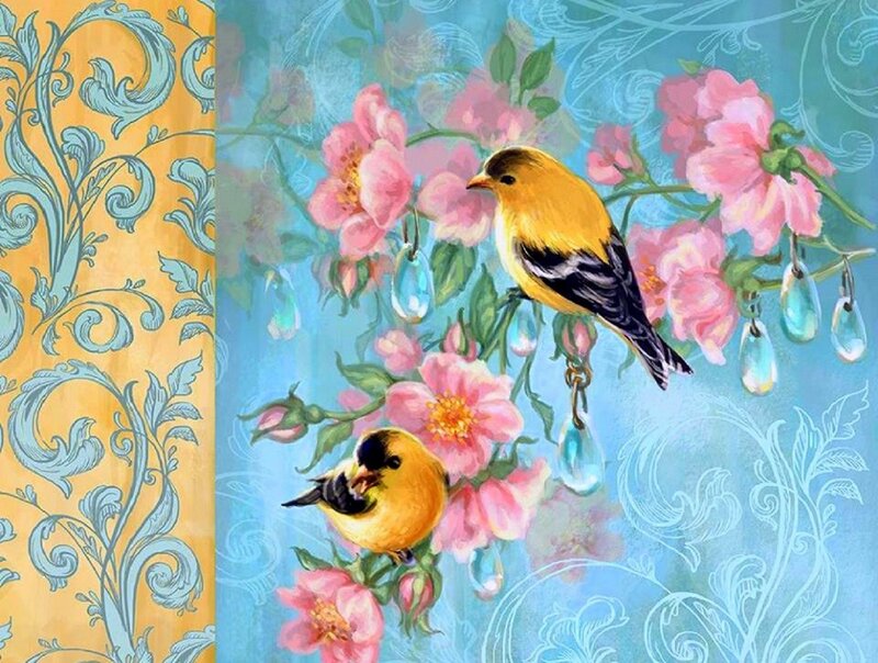 Two Yellow Birds on Flowers
