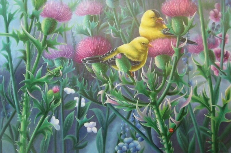 Two Yellow Birds on Thistles