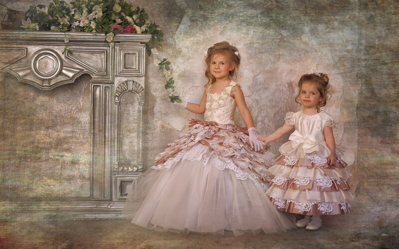 Two Young Girls in Dresses — White, Formal