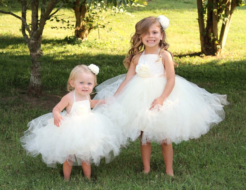 Two Young Girls in Dresses — White, Happy
