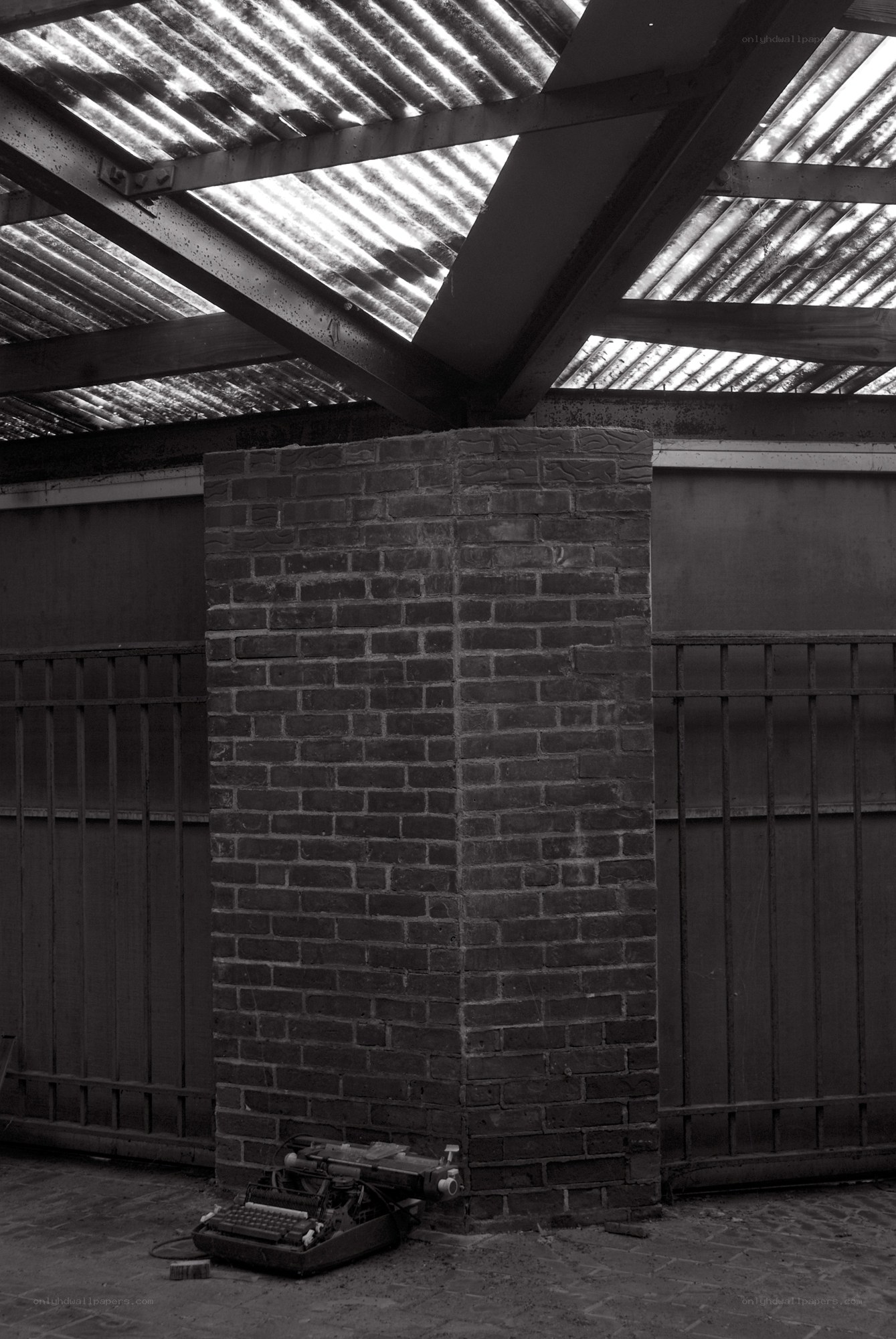 Typewriter under a corrugated roof