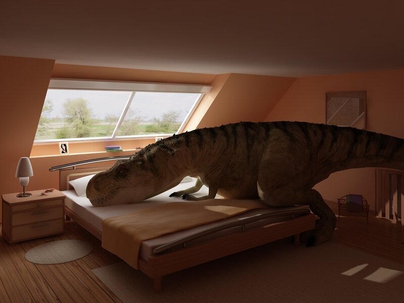 Tyrannosaurus Rex in Bedroom — Brown, Calm, Morning, 3d Render, Bed, Window