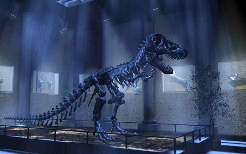 Tyrannosaurus Rex Skeleton — Blue, Dramatic, Night, 3d Render, Museum