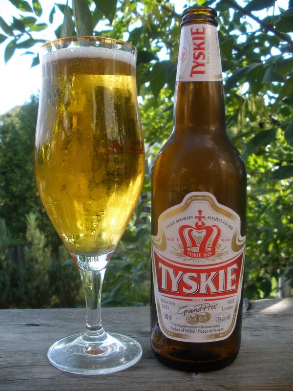 Tyskie beer bottle and glass