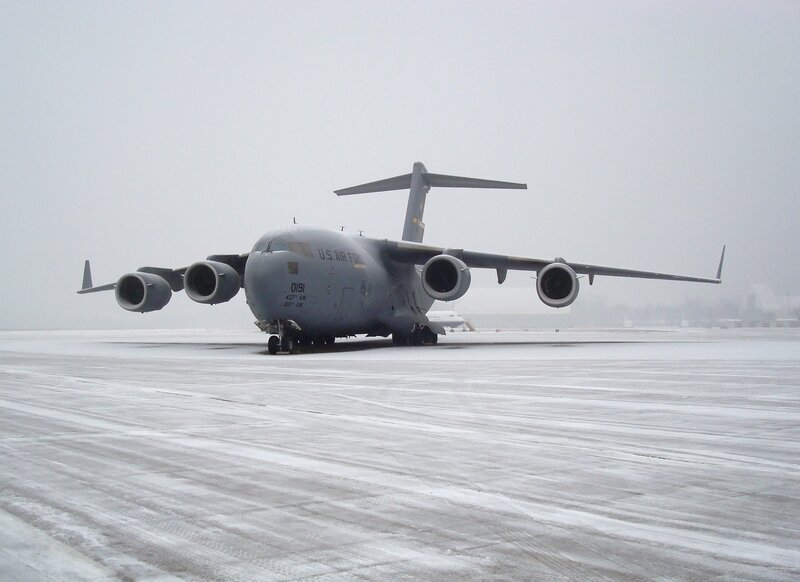 U.S. Air Force C-17 on snowy tarmac