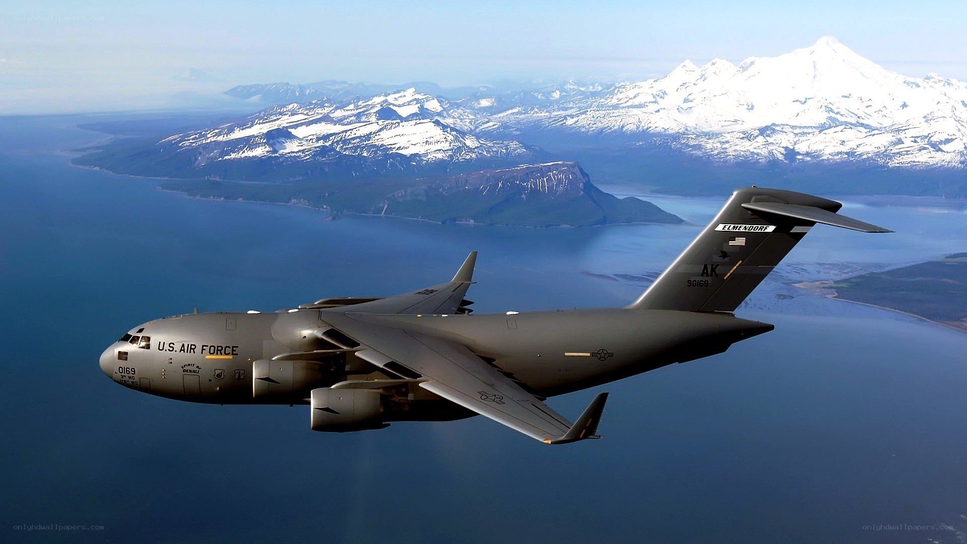 U.S. Air Force C-17 over mountains