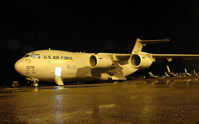 U.S. Air Force cargo plane at night