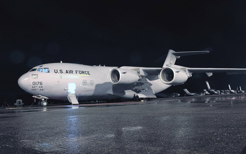 U.S. Air Force cargo plane at night