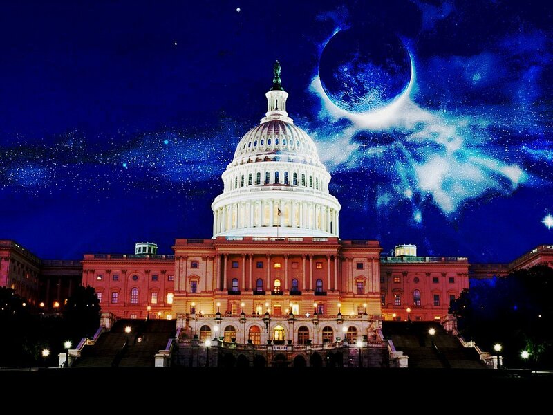 U.S. Capitol at night with moon