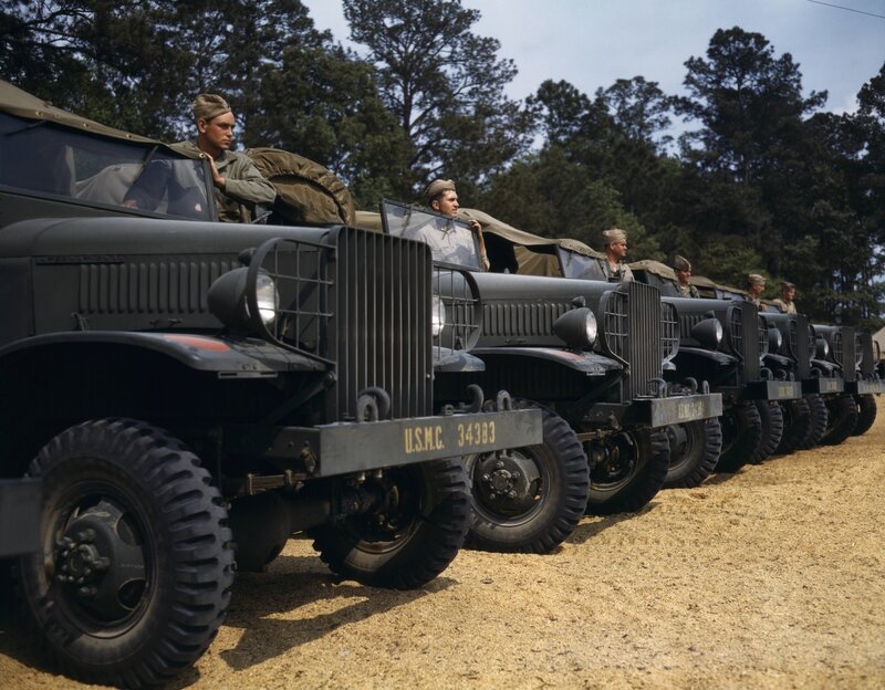 U.S. Marines in military trucks
