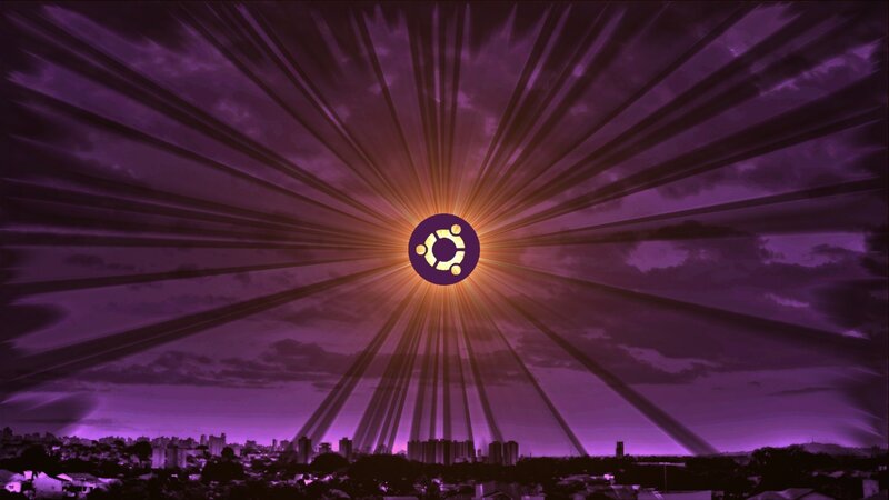 Ubuntu logo over city skyline