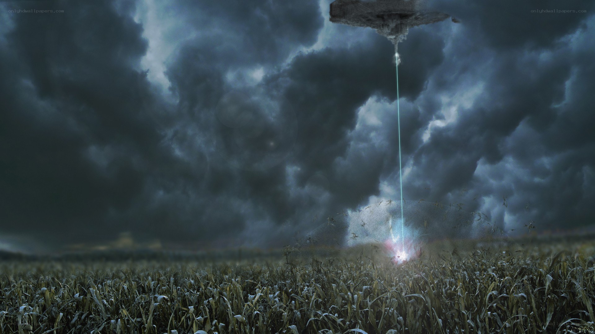 UFO landing in a cornfield