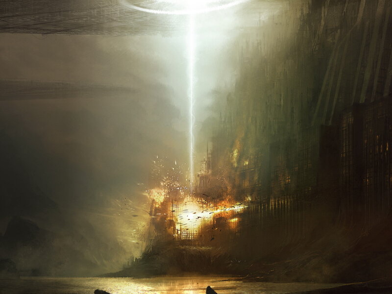 UFO landing in a ruined city