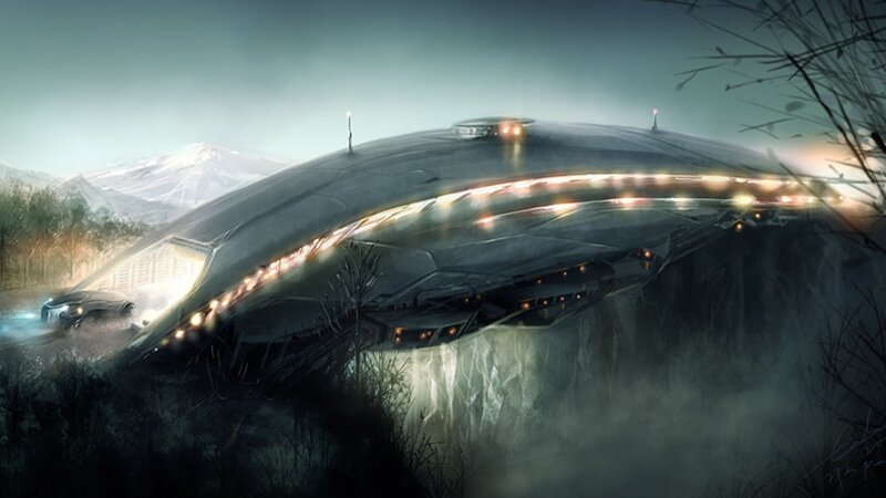 UFO landing in mountain forest