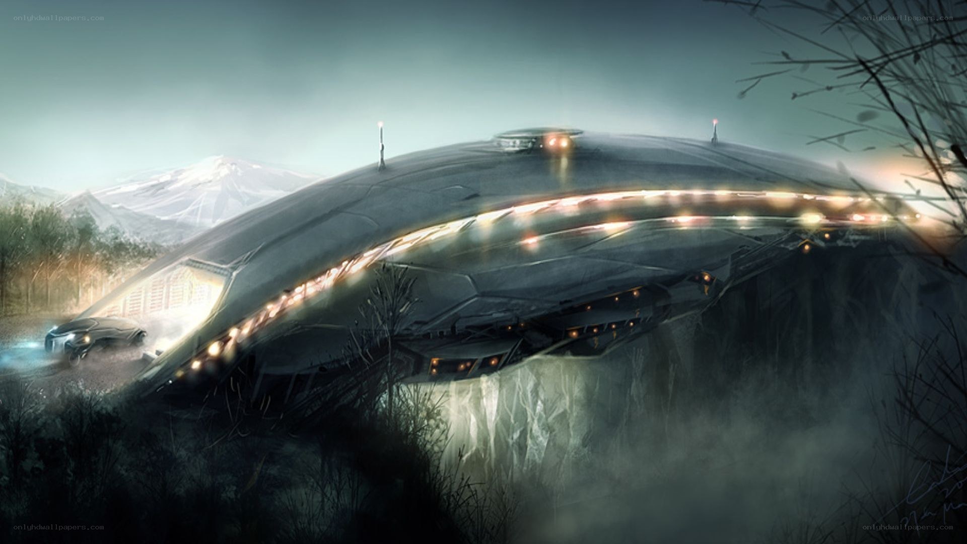 UFO landing in mountain forest