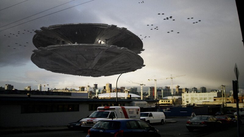 UFO over city skyline