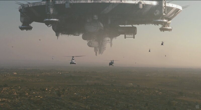UFO over city with helicopters