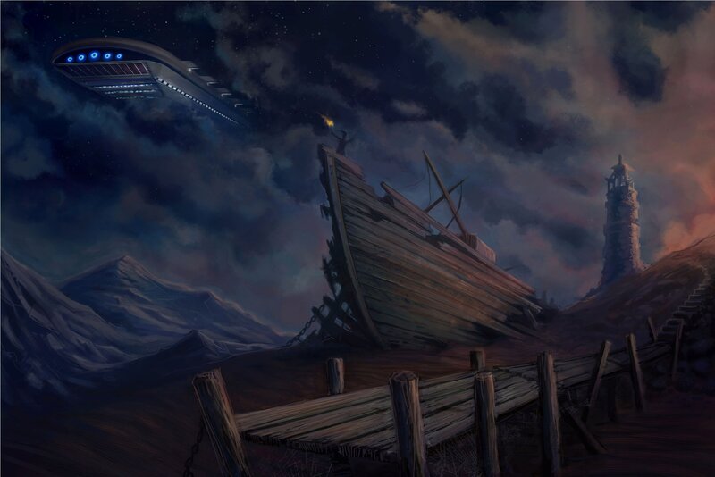 UFO over shipwreck at night
