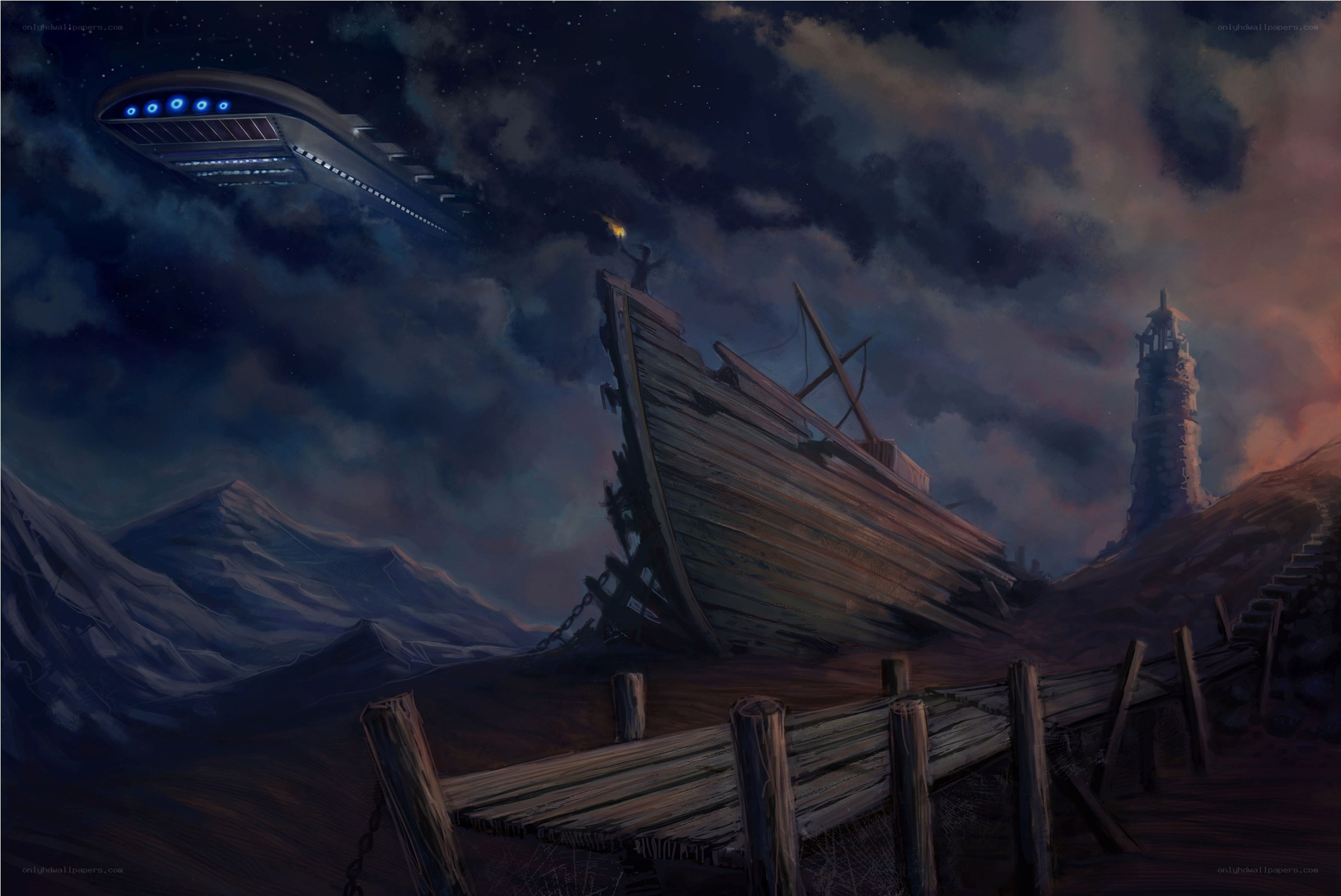 UFO over shipwreck at night