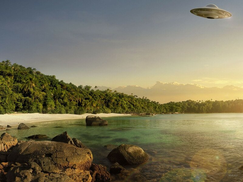 Ufo over Tropical Beach — Green, Serene