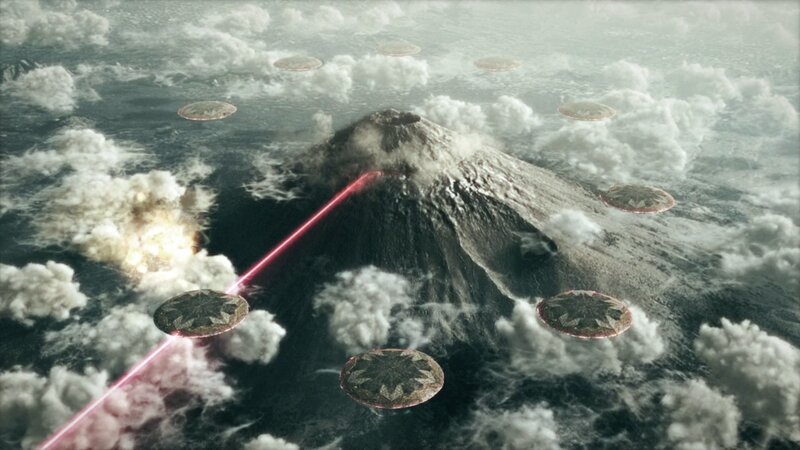 UFOs attacking a volcano