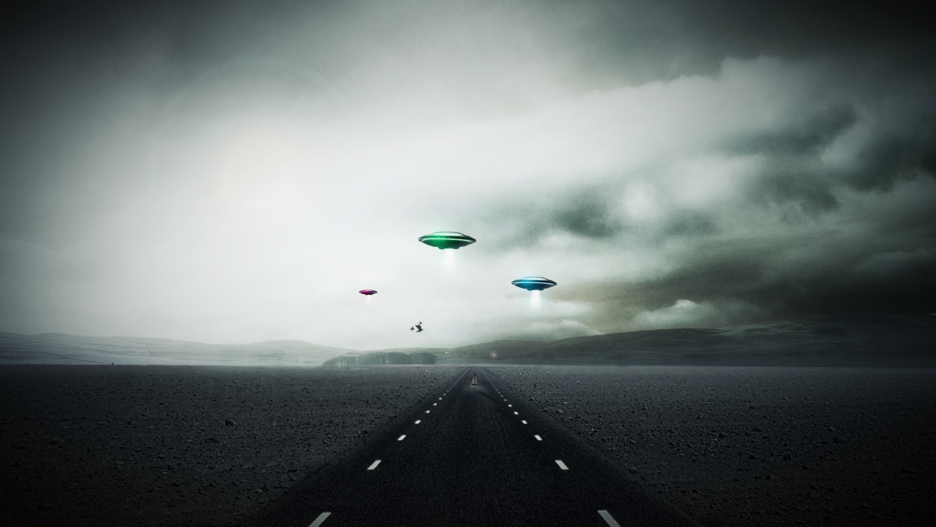 UFOs over a desolate road