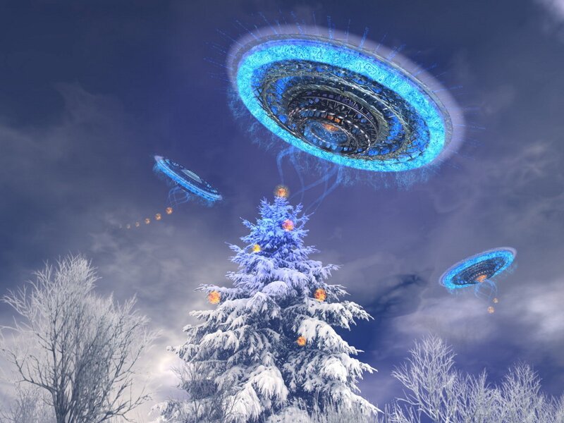 UFOs over a snowy Christmas tree
