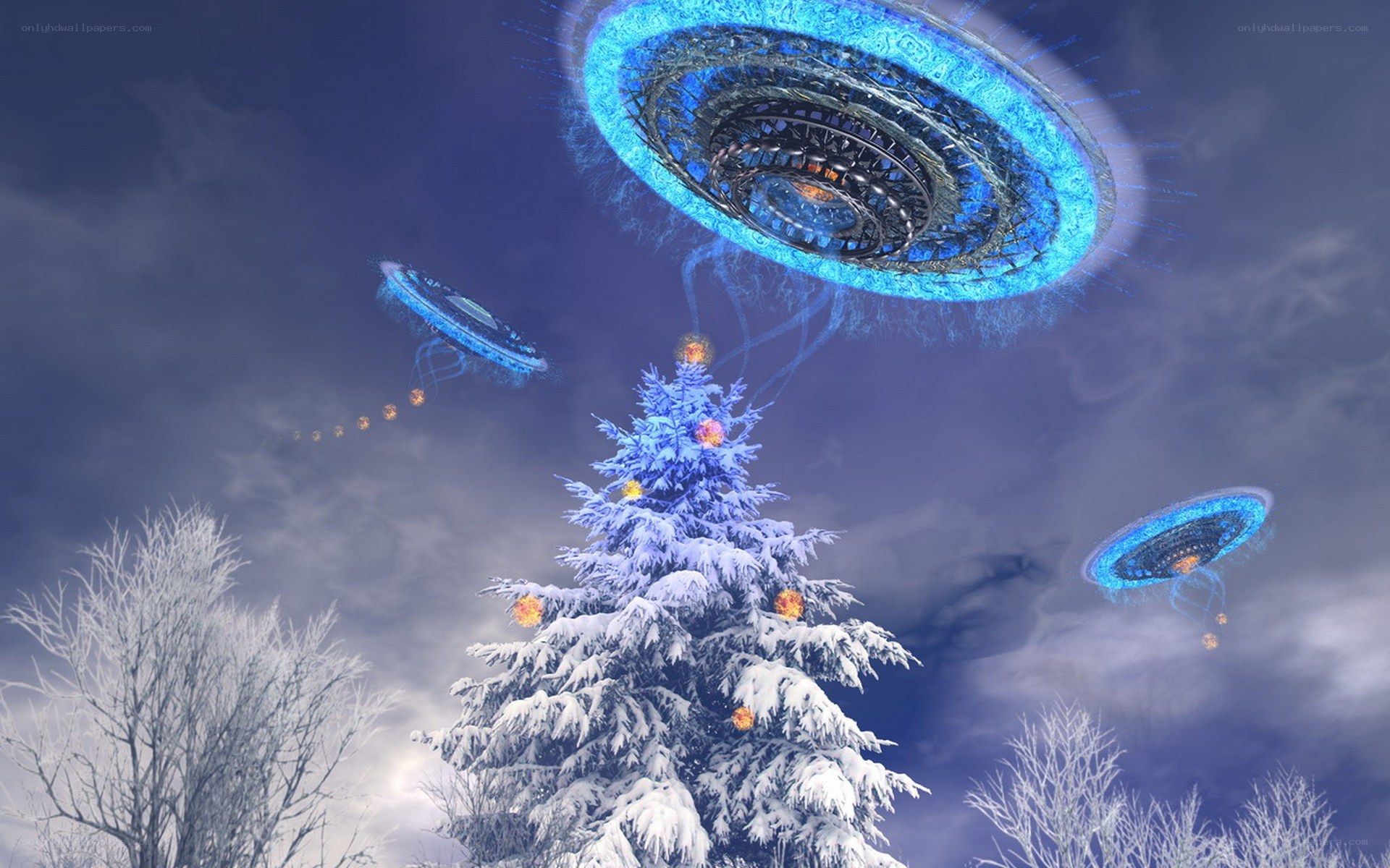 UFOs over a snowy Christmas tree