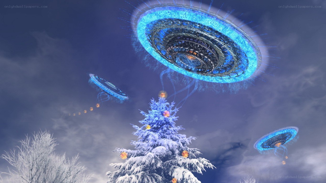 UFOs over a snowy tree