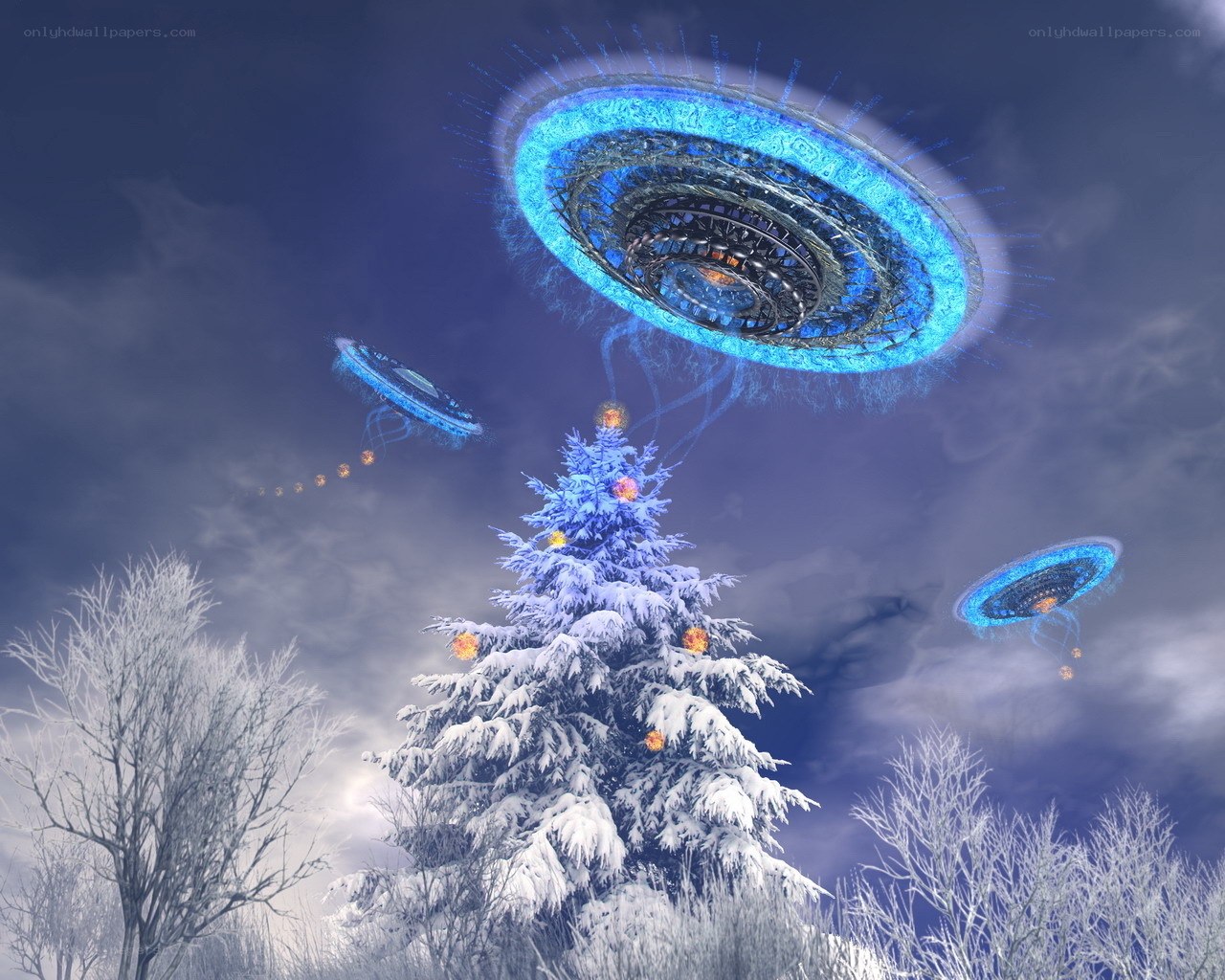 UFOs over a snowy tree