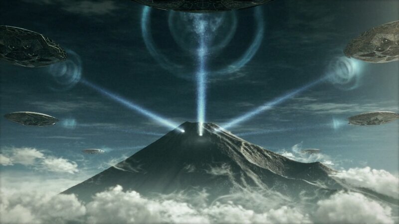UFOs over a volcanic mountain