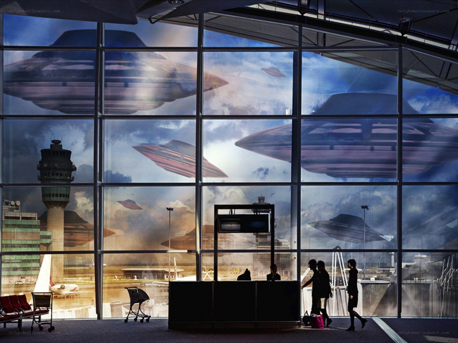 UFOs over airport terminal