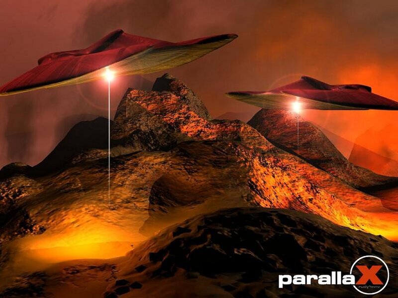 UFOs over alien landscape