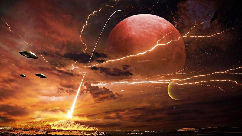 UFOs over Alien Planet — Red, Dramatic