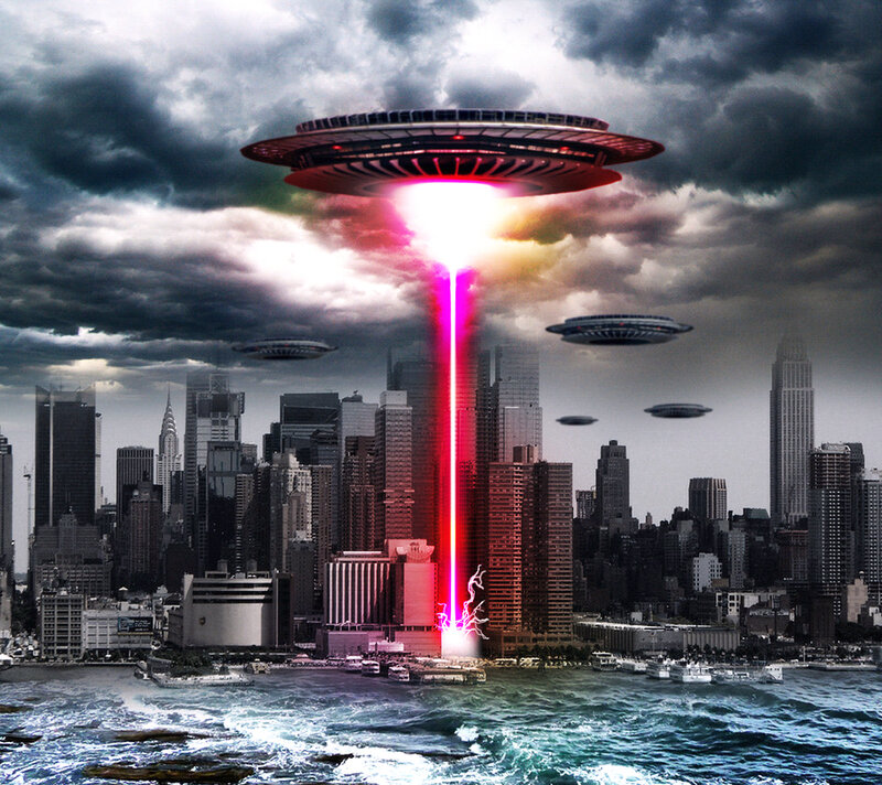 UFOs over city skyline