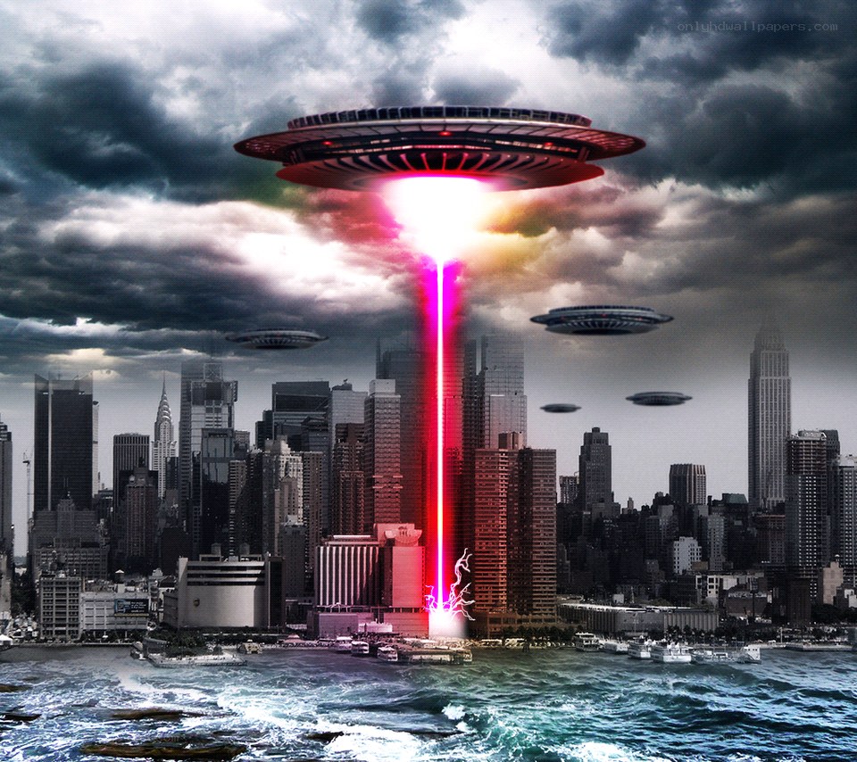 UFOs over city skyline