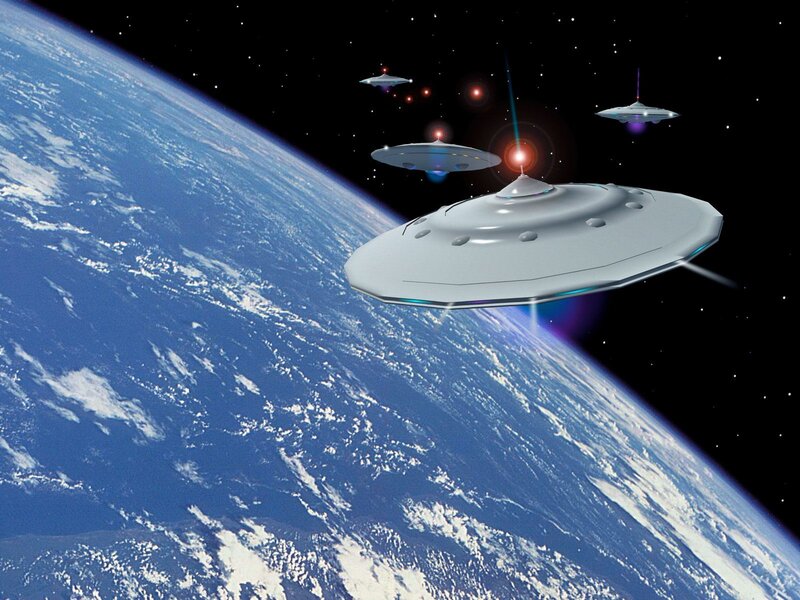 UFOs over Earth — Blue, Dramatic, Digital Art