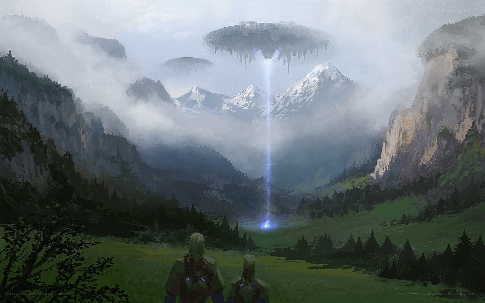 UFOs over mountain valley