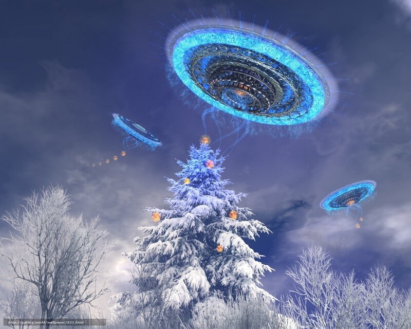 UFOs over snowy tree
