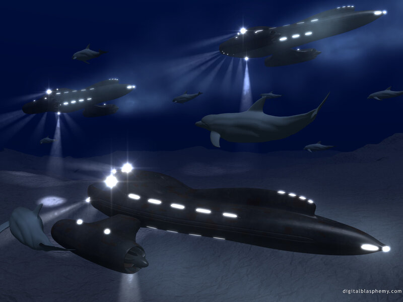 UFOs with dolphins underwater