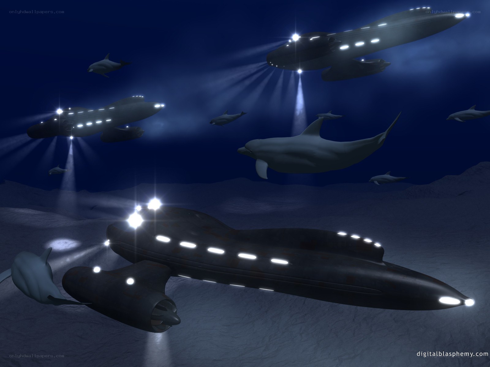 UFOs with dolphins underwater