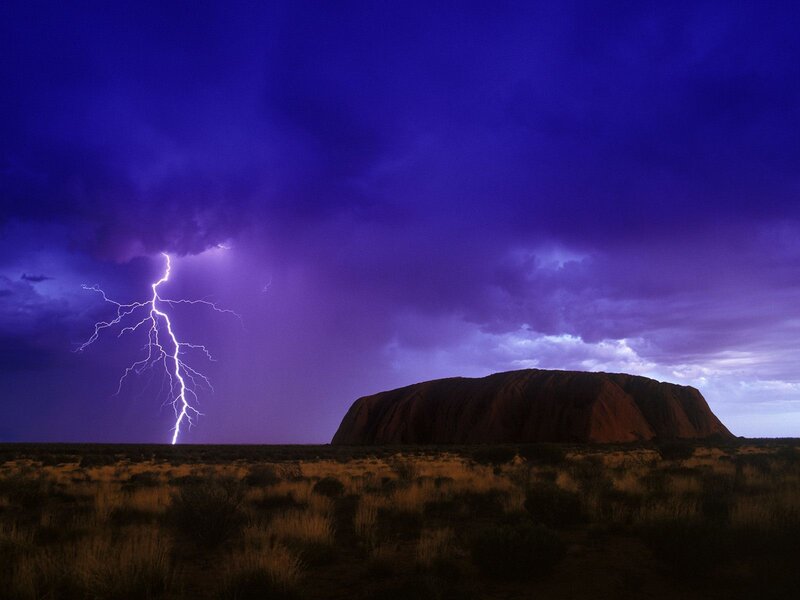 Uluru During Lightning Storm — Purple, Dramatic, Night, Photograph, Storm Clouds, Desert