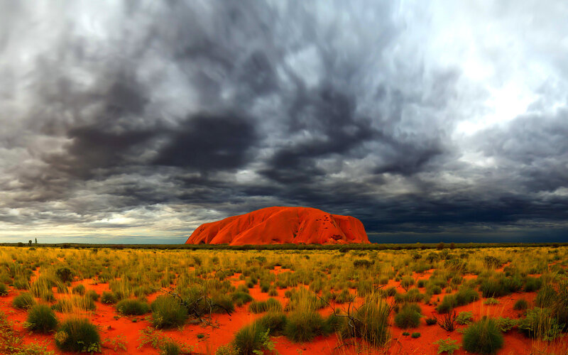 Uluru Rock Formation — Red, Dramatic, Afternoon, Photograph, Desert, Clouds