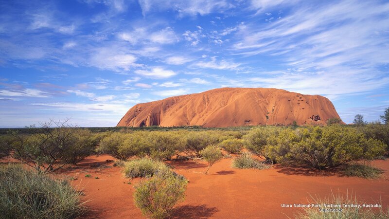 Uluru Rock Formation — Red, Serene, Afternoon, Photograph, Desert Shrubs, Red Sand