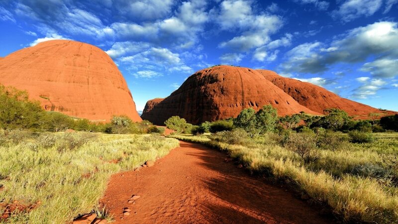 Uluru Rock Formations — Red, Serene, Afternoon, Photograph, Dirt Path, Grass