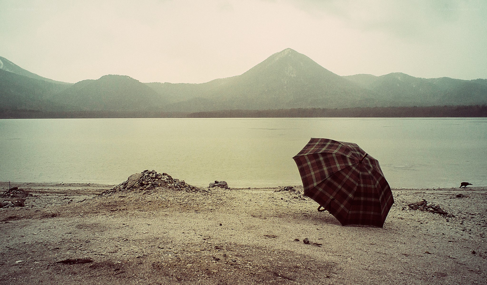 umbrella on a lakeshore